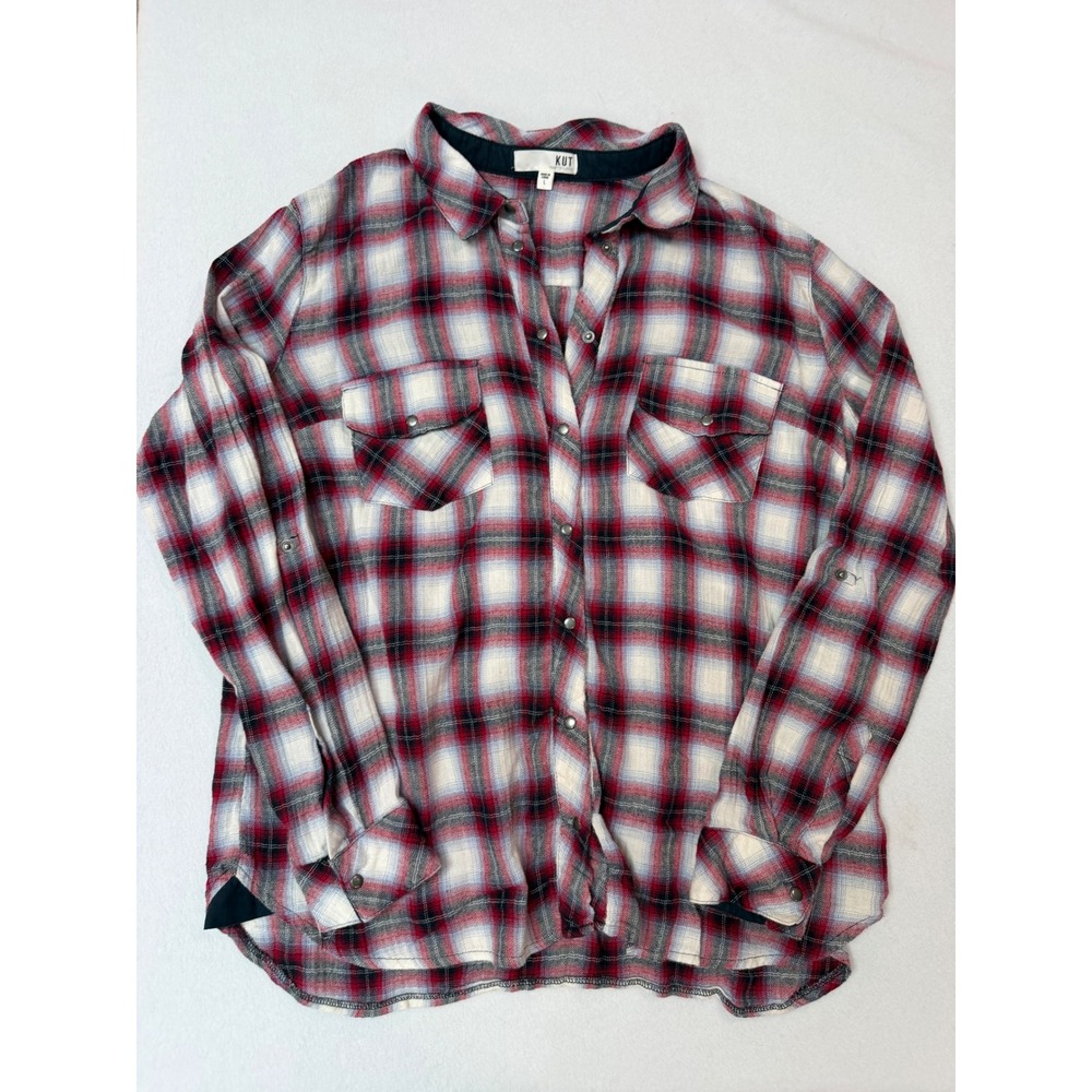 KUT from the Kloth Womens Red White Plaid Snap Button Down Shirt ST10302 Large
